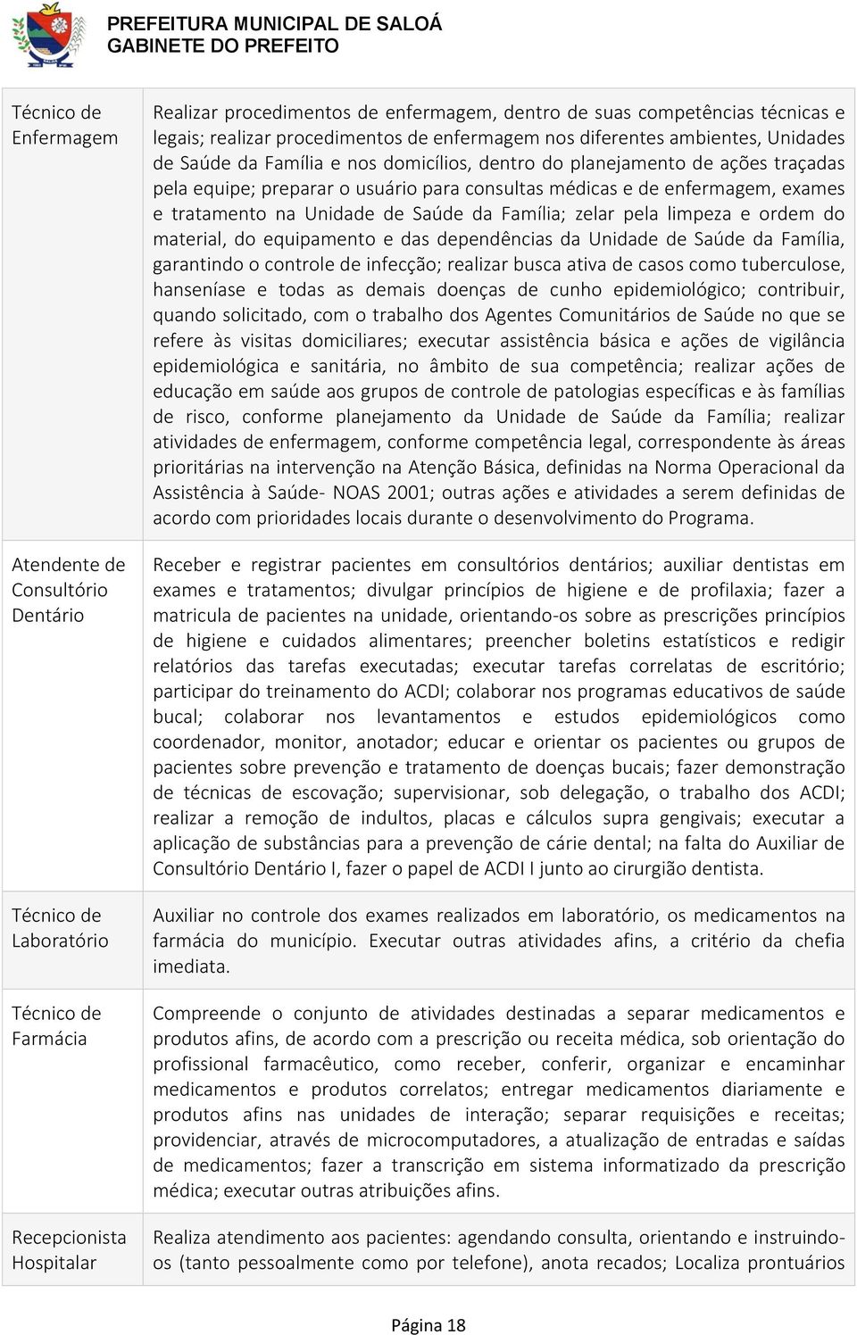 consultas médicas e de enfermagem, exames e tratamento na Unidade de Saúde da Família; zelar pela limpeza e ordem do material, do equipamento e das dependências da Unidade de Saúde da Família,