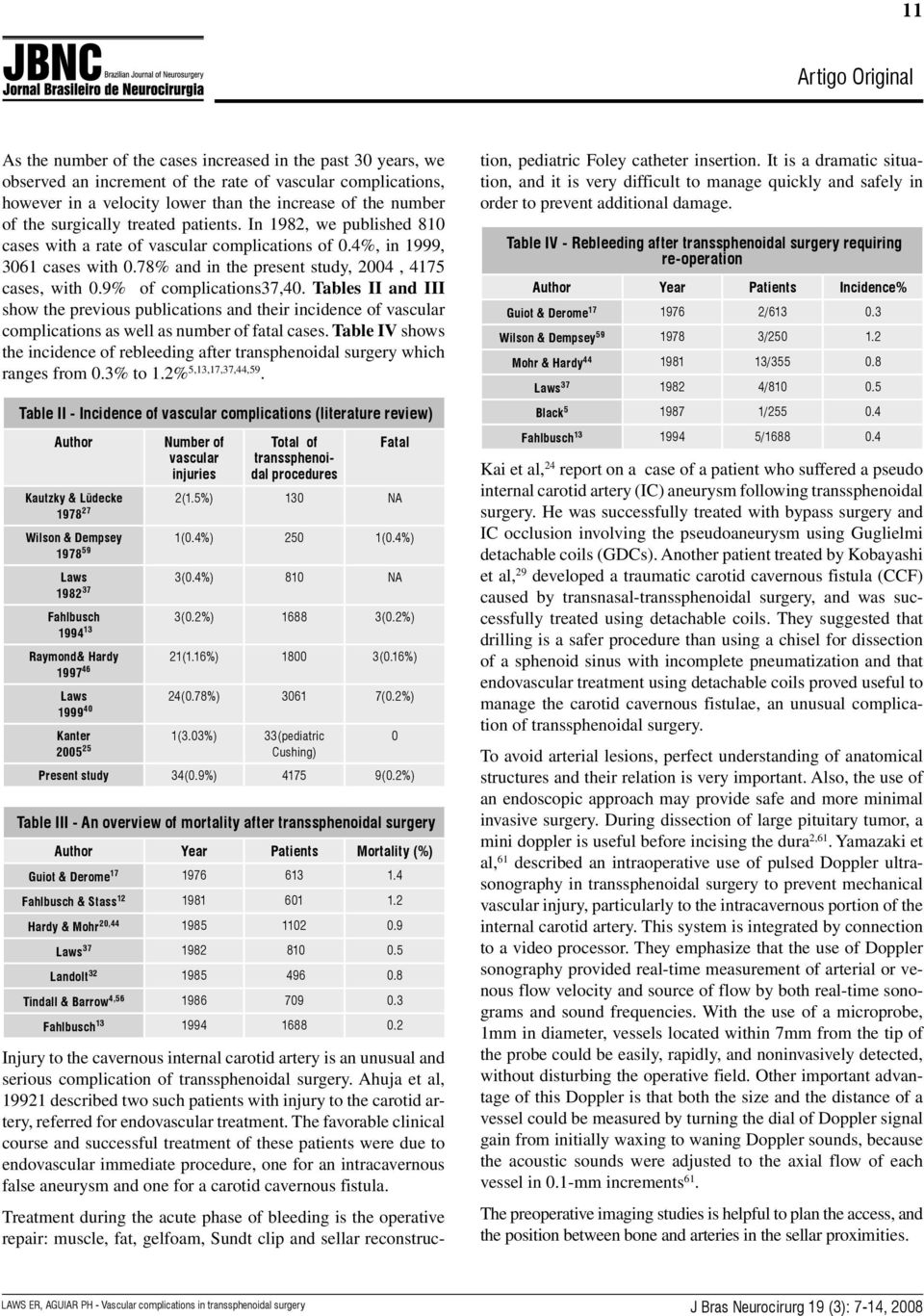 9% of complications37,40. Tables II and III show the previous publications and their incidence of vascular complications as well as number of fatal cases.