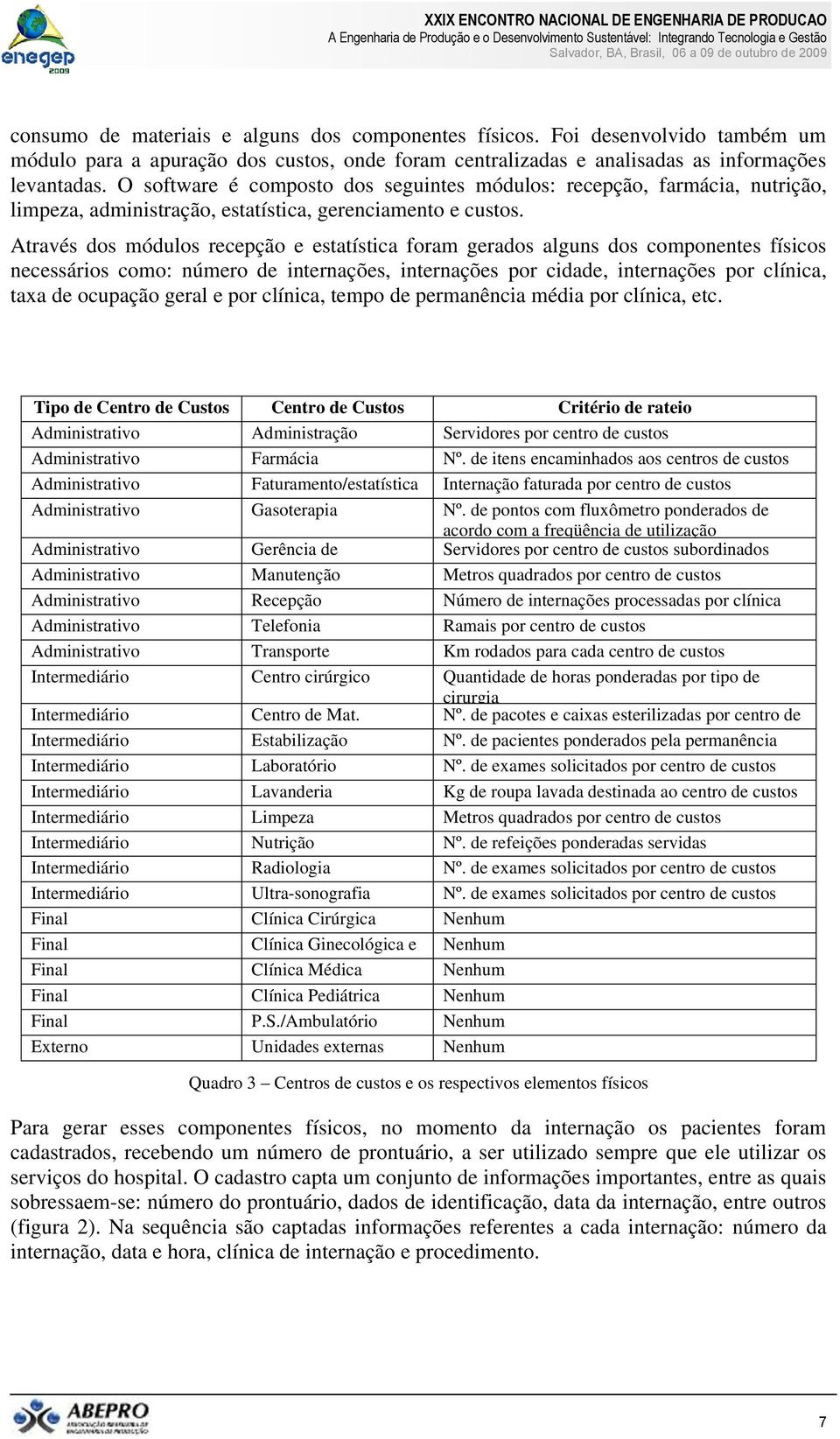 Através dos módulos recepção e estatística foram gerados alguns dos componentes físicos necessários como: número de internações, internações por cidade, internações por clínica, taxa de ocupação