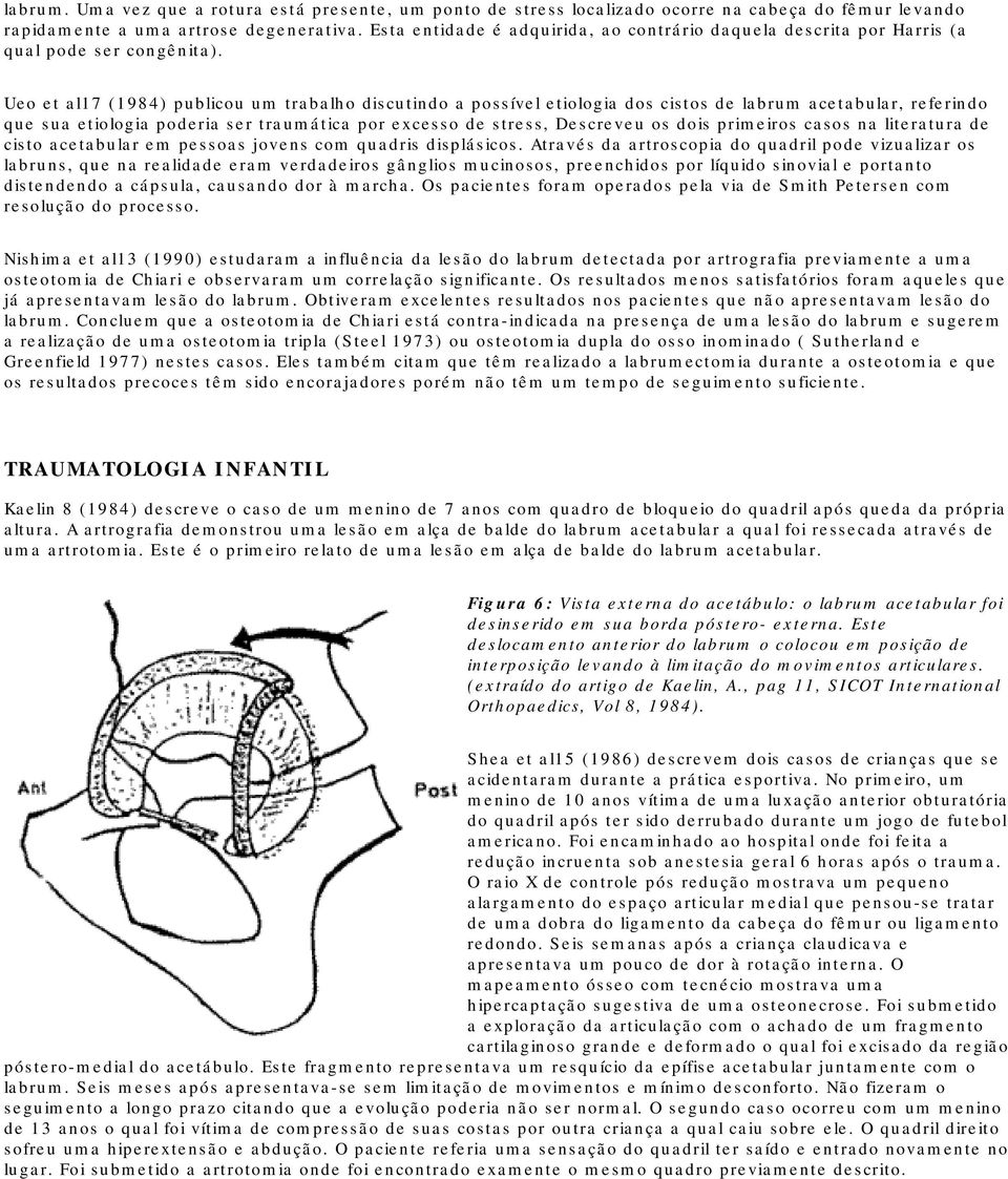 Ueo et al17 (1984) publicou um trabalho discutindo a possível etiologia dos cistos de labrum acetabular, referindo que sua etiologia poderia ser traumática por excesso de stress, Descreveu os dois