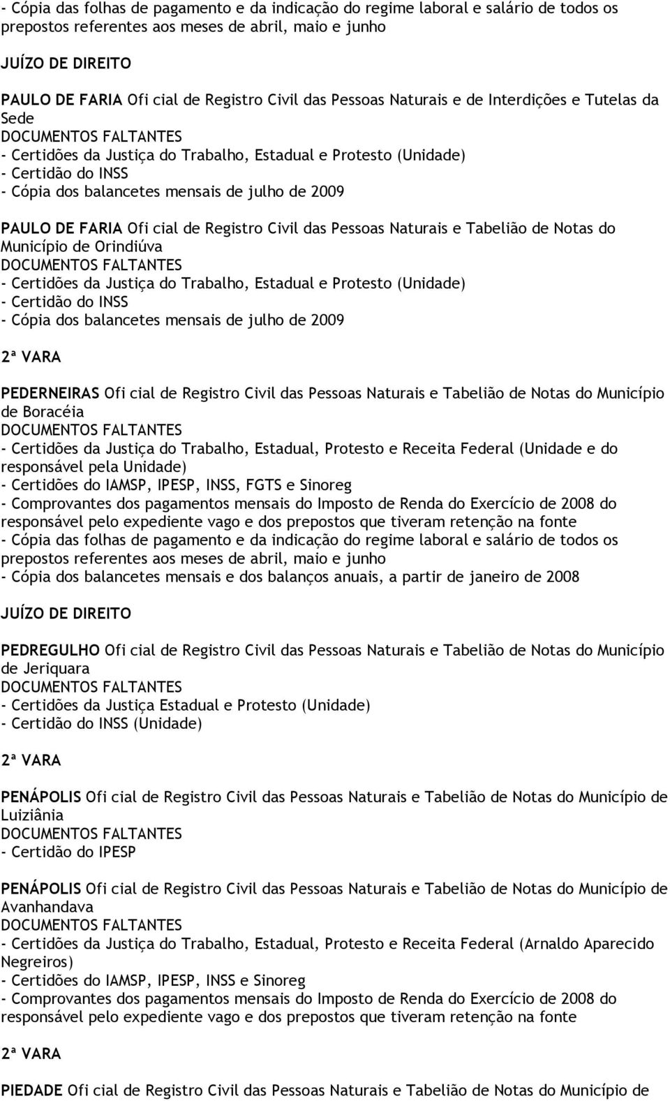 dos balancetes mensais de julho de 2009 PEDERNEIRAS Ofi cial de Registro Civil das Pessoas Naturais e Tabelião de Notas do Município de Boracéia PEDREGULHO Ofi cial de Registro Civil das Pessoas