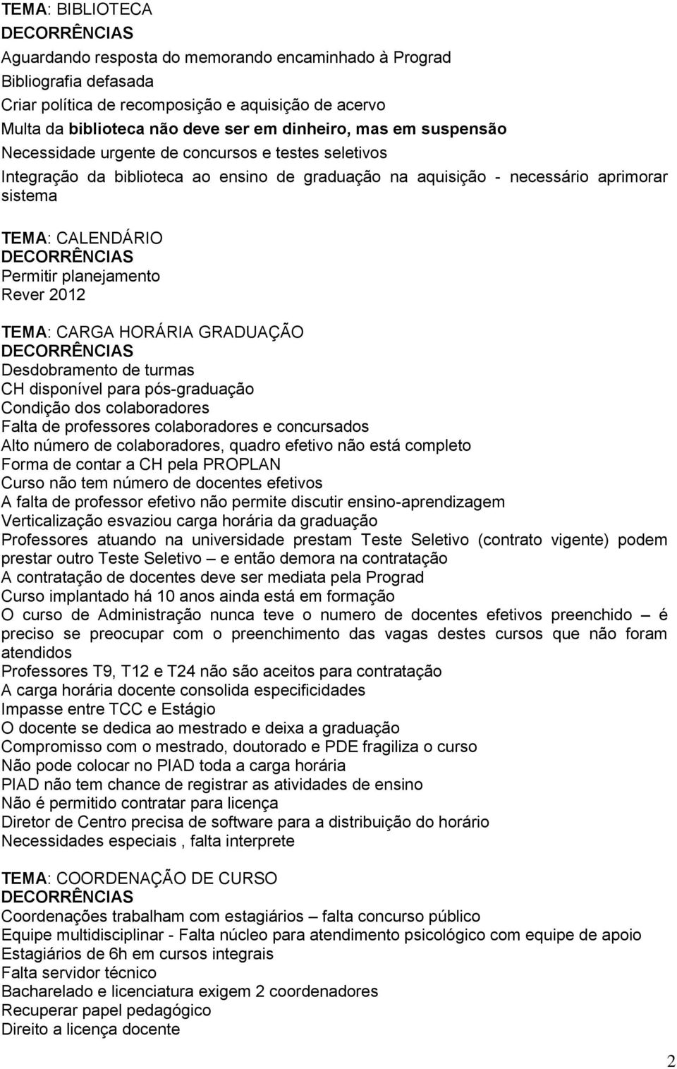 2012 TEMA: CARGA HORÁRIA GRADUAÇÃO Desdobramento de turmas CH disponível para pós-graduação Condição dos colaboradores Falta de professores colaboradores e concursados Alto número de colaboradores,