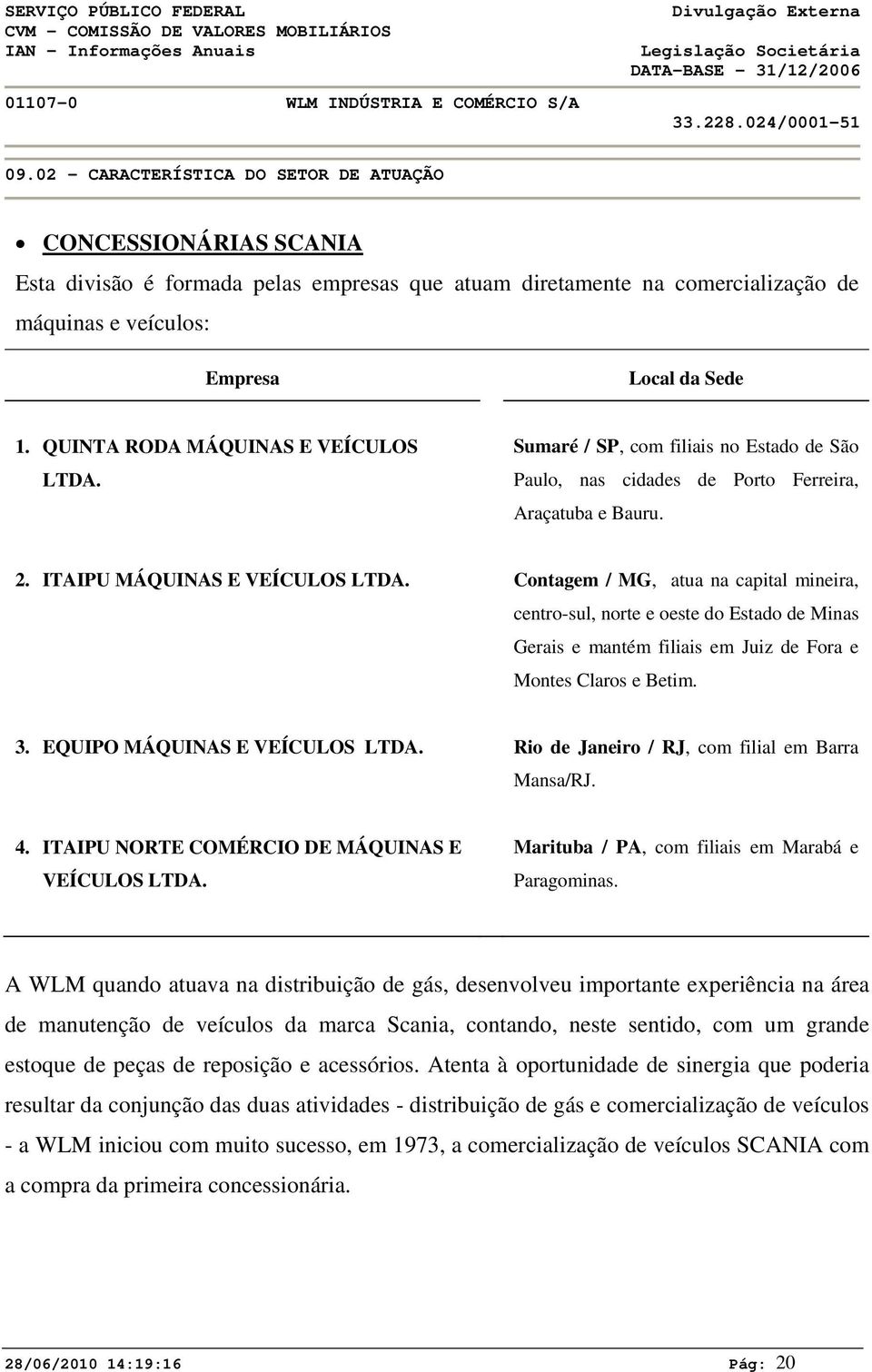 Contagem / MG, atua na capital mineira, centro-sul, norte e oeste do Estado de Minas Gerais e mantém filiais em Juiz de Fora e Montes Claros e Betim. 3. EQUIPO MÁQUINAS E VEÍCULOS LTDA.