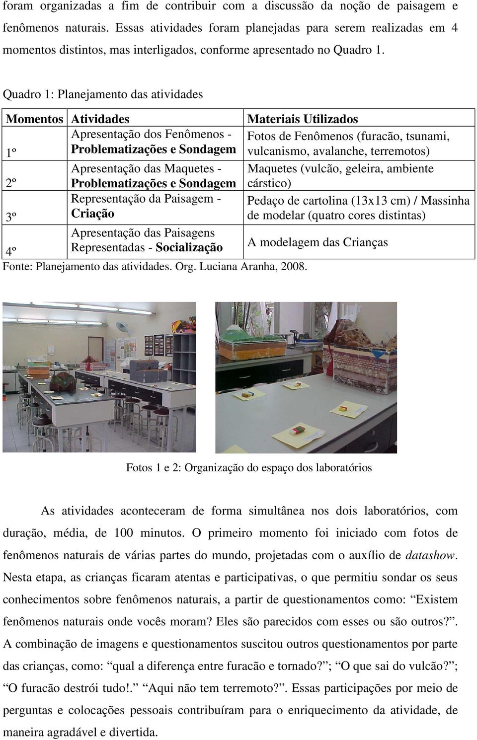 Quadro 1: Planejamento das atividades Momentos Atividades Materiais Utilizados Apresentação dos Fenômenos - Fotos de Fenômenos (furacão, tsunami, 1º Problematizações e Sondagem vulcanismo, avalanche,