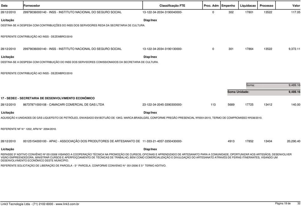17 - SEDEC - SECRETARIA DE DESENVOLVIMENTO ECONÔMICO 28/12/2010 86737871000108 - CAMACARI COMERCIAL DE GAS LTDA 23-122-34-2045-3390300000-113 5689 17725 13412 140.