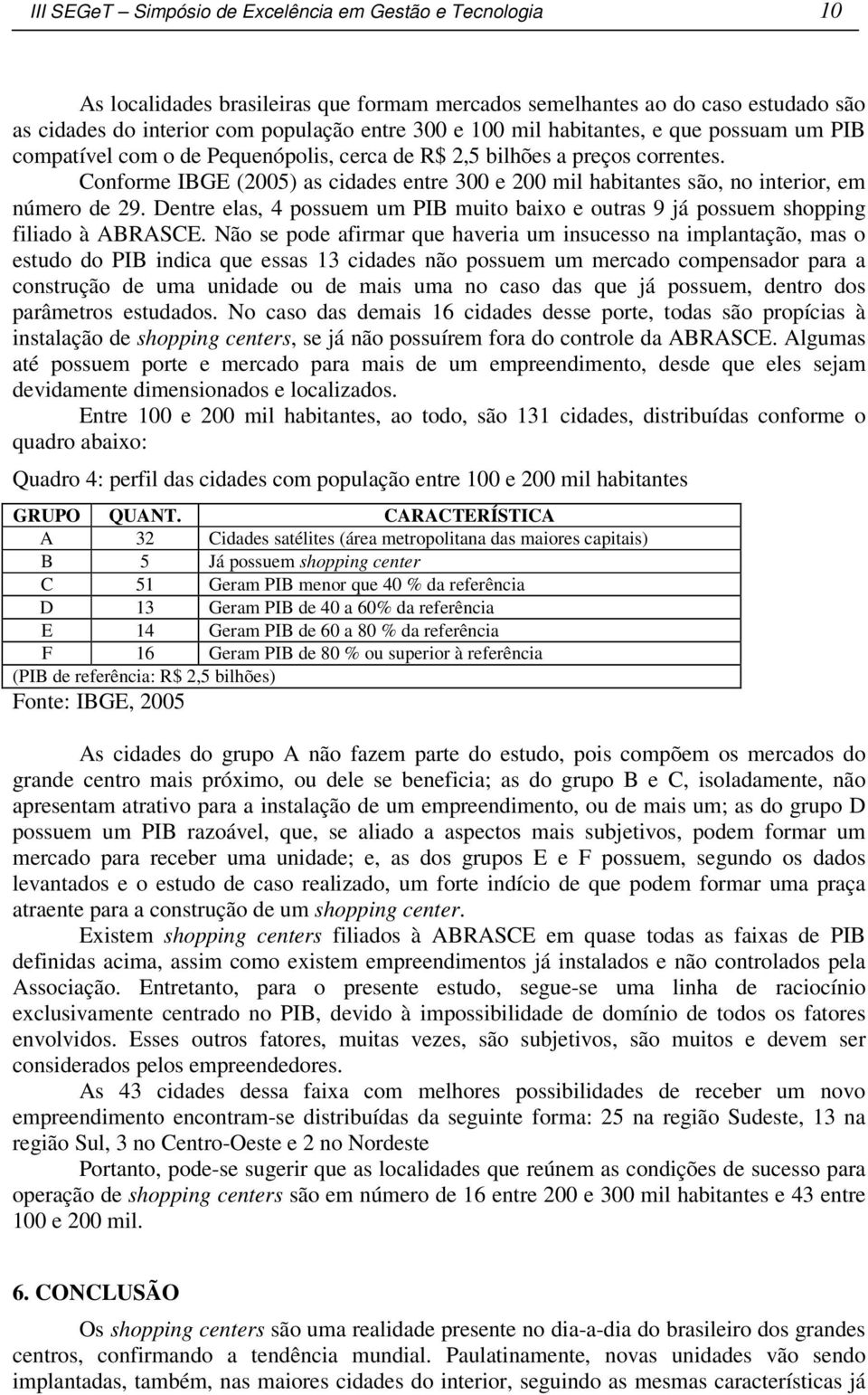 Conforme IBGE (2005) as cidades entre 300 e 200 mil habitantes são, no interior, em número de 29. Dentre elas, 4 possuem um PIB muito baixo e outras 9 já possuem shopping filiado à ABRASCE.