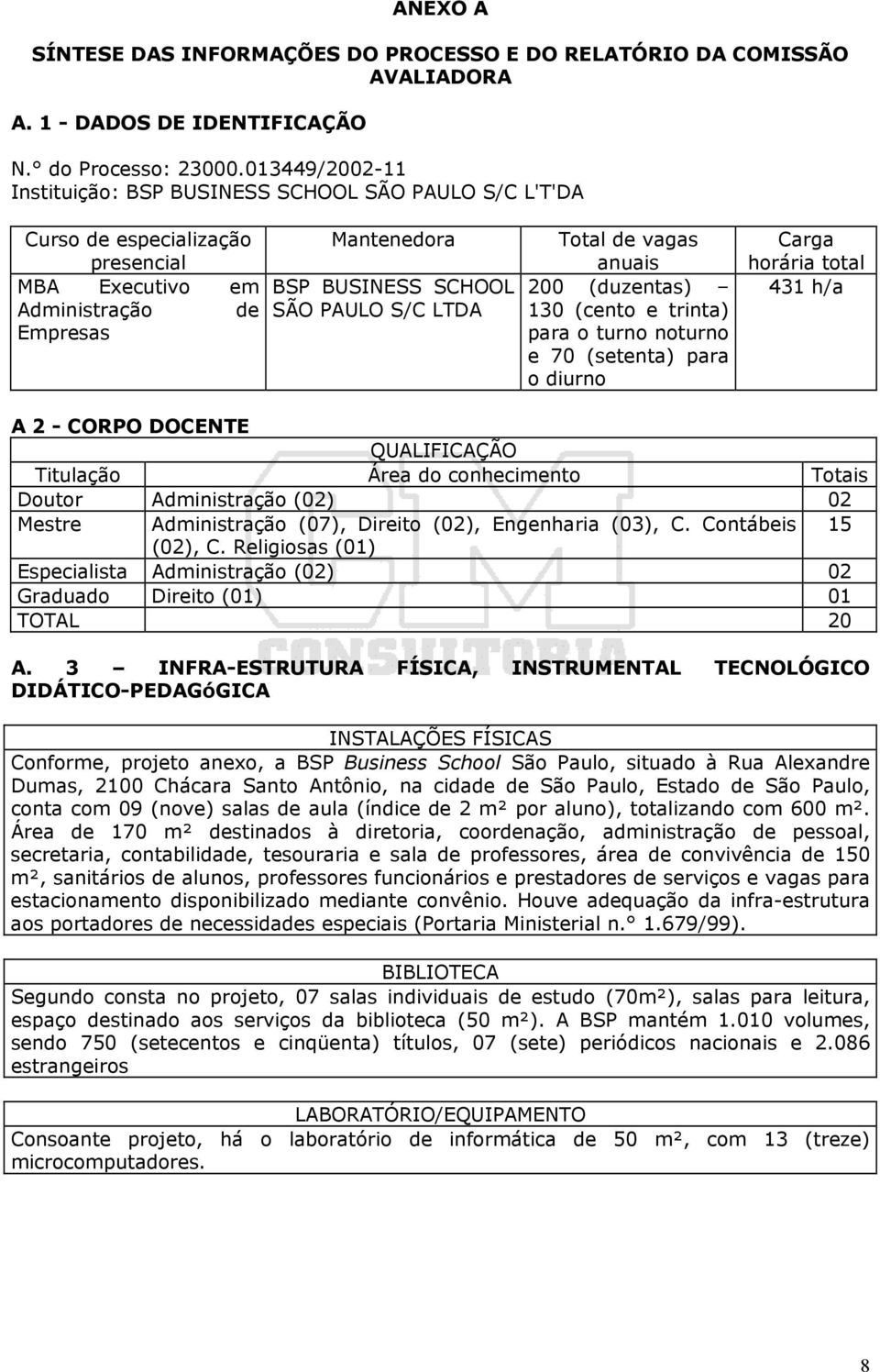 Total de vagas anuais 200 (duzentas) 130 (cento e trinta) para o turno noturno e 70 (setenta) para o diurno Carga horária total 431 h/a A 2 - CORPO DOCENTE QUALIFICAÇÃO Titulação Área do conhecimento