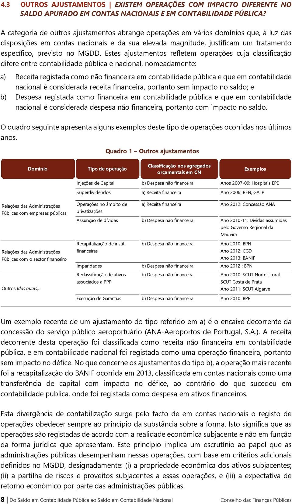 MGDD. Estes ajustamentos refletem operações cuja classificação difere entre contabilidade pública e nacional, nomeadamente: a) Receita registada como não financeira em contabilidade pública e que em