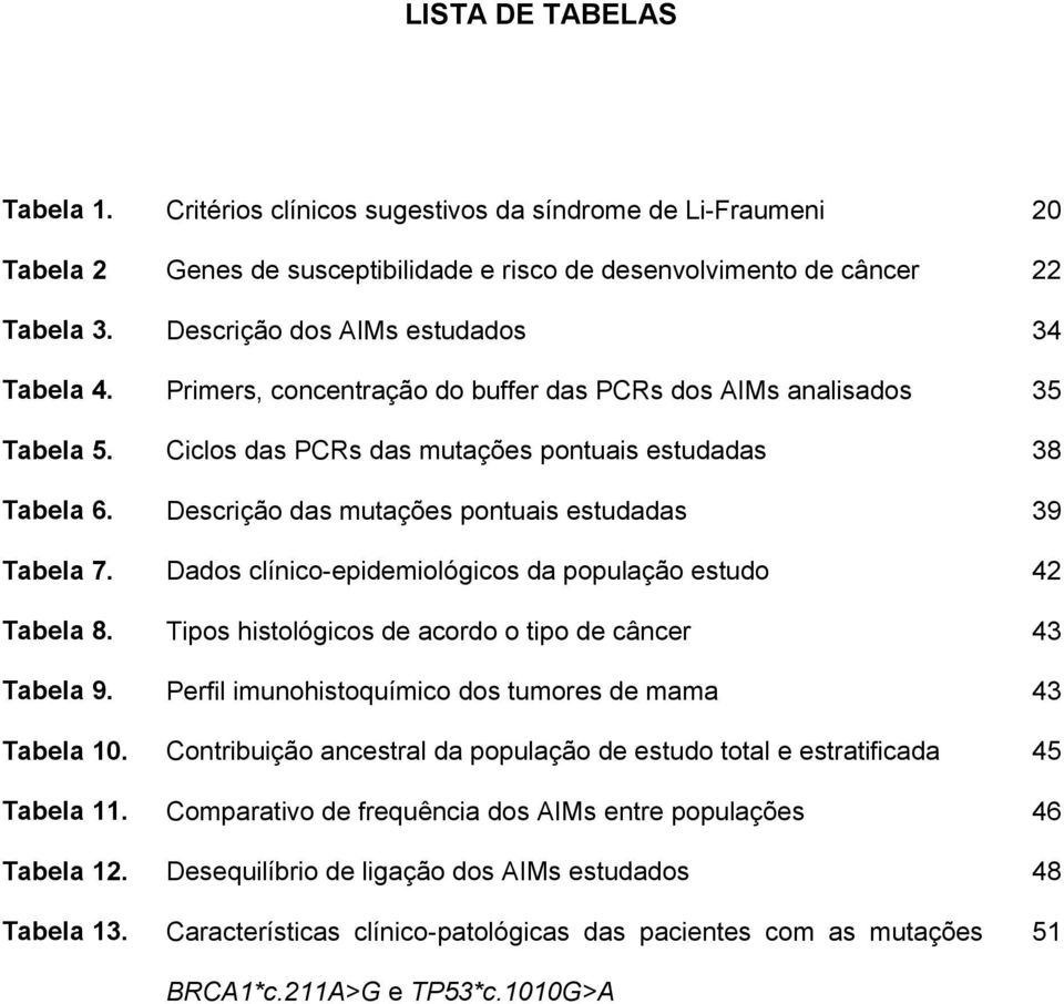 Descrição das mutações pontuais estudadas 39 Tabela 7. Dados clínico-epidemiológicos da população estudo 42 Tabela 8. Tipos histológicos de acordo o tipo de câncer 43 Tabela 9.