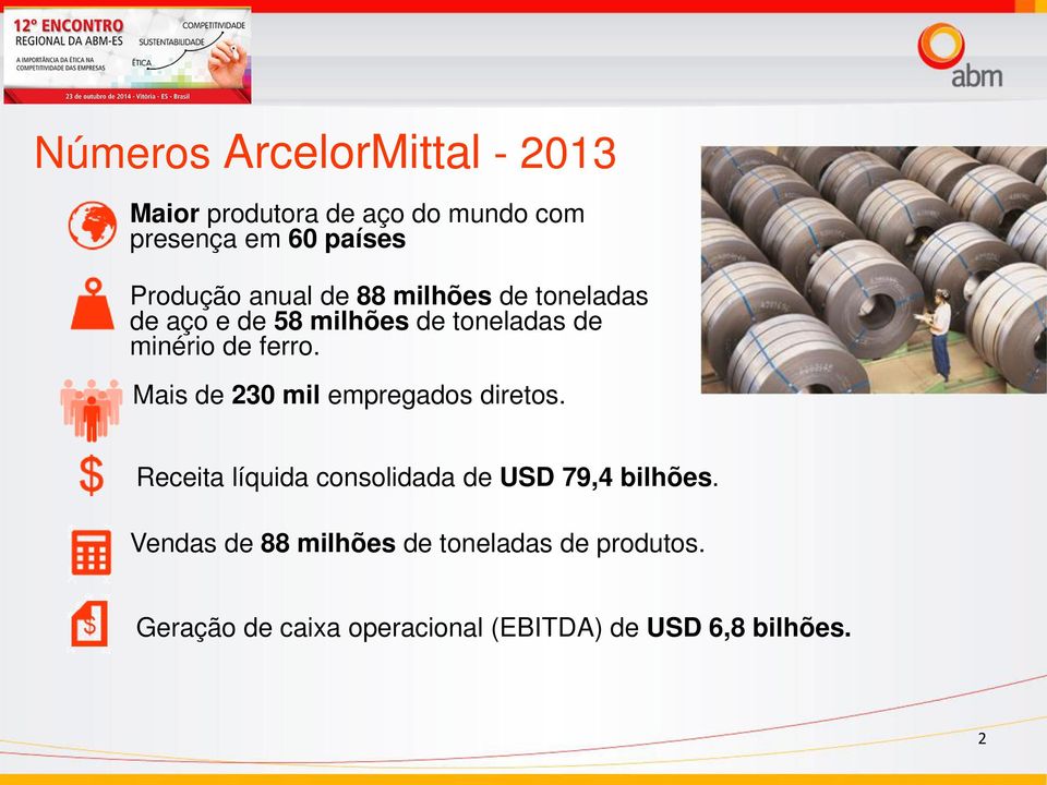 ferro. Mais de 230 mil empregados diretos. Receita líquida consolidada de USD 79,4 bilhões.