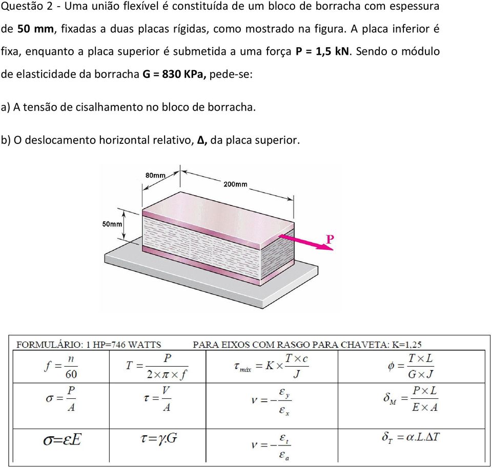 A placa inferior é fixa, enquanto a placa superior é submetida a uma força P = 1,5 kn.