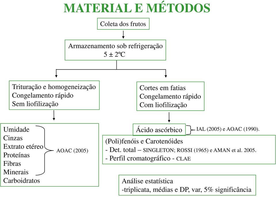Minerais Carboidratos AOAC (2005) Ácido ascórbico IAL (2005) e AOAC (1990). (Poli)fenóis e Carotenóides - Det.