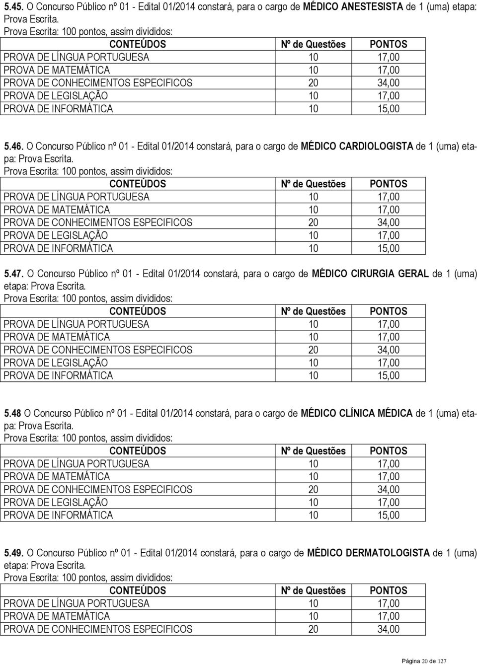 O Concurso Público nº 01 - Edital 01/2014 constará, para o cargo de MÉDICO CARDIOLOGISTA de 1 (uma) etapa: Prova Escrita.