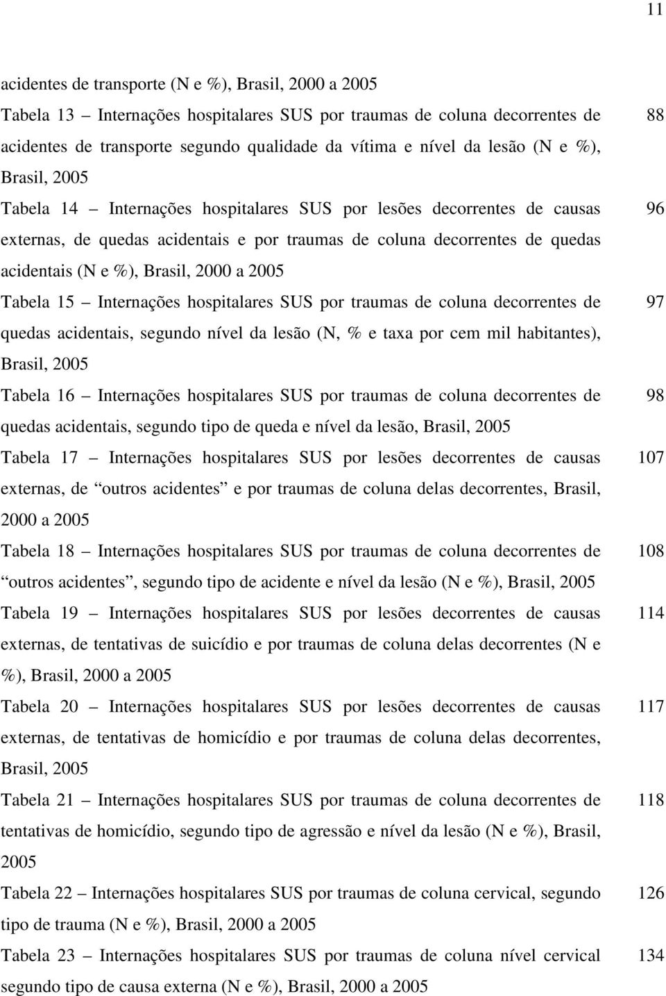 Brasil, 2000 a 2005 Tabela 15 Internações hospitalares SUS por traumas de coluna decorrentes de quedas acidentais, segundo nível da lesão (N, % e taxa por cem mil habitantes), Brasil, 2005 Tabela 16