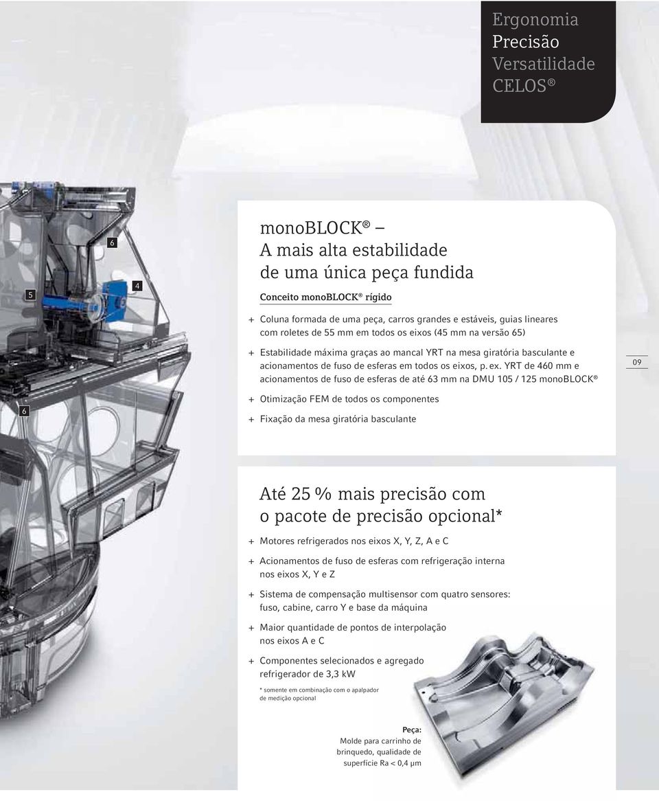 YRT de 460 mm e acionamentos de fuso de esferas de até 63 mm na DMU 105 / 125 monoblock 09 6 + Otimização FEM de todos os componentes + Fixação da mesa giratória basculante Até 25 % mais precisão com