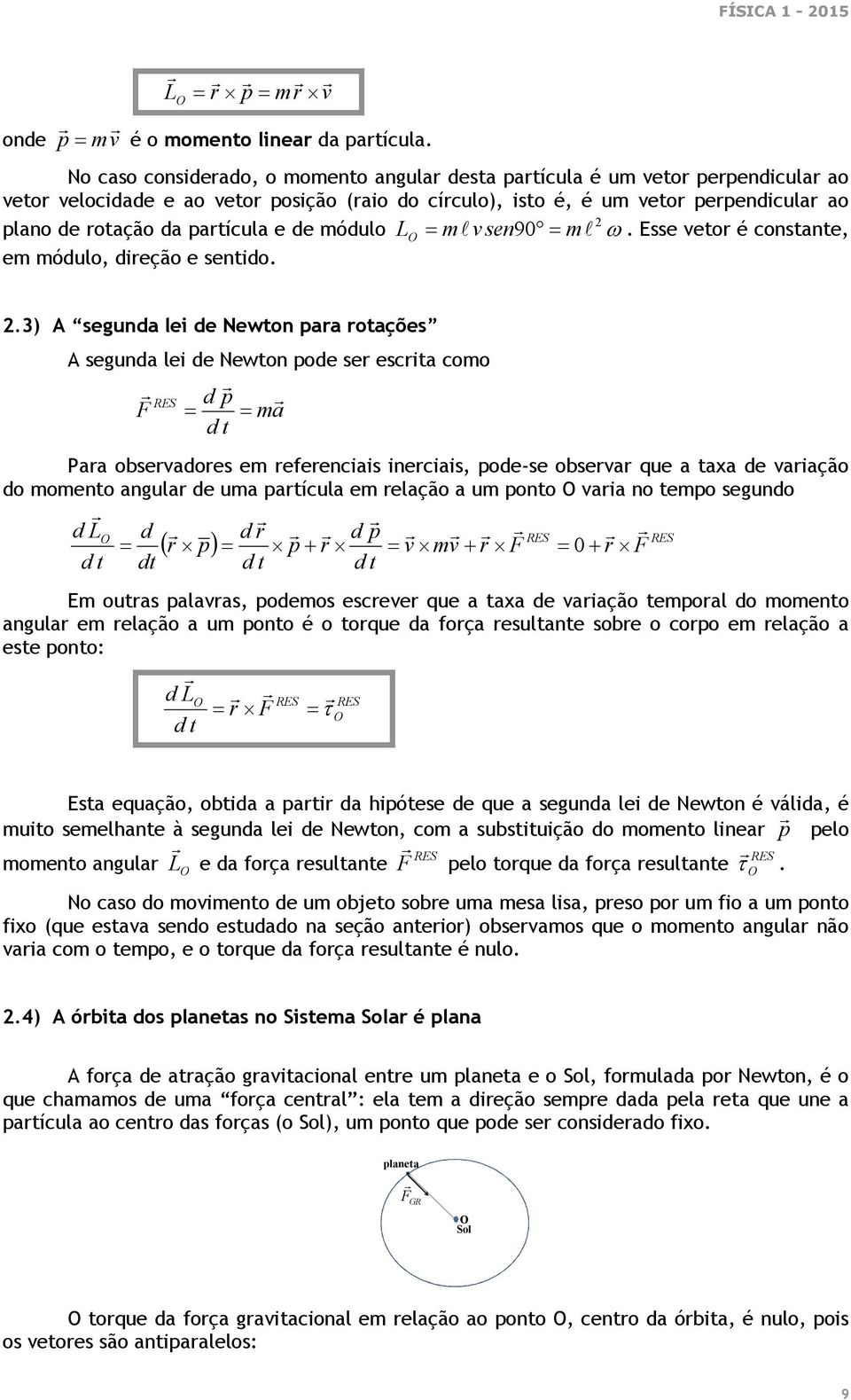 partícula e de módulo L mv sen90 m. Esse vetor é constante, em módulo, direção e sentido.