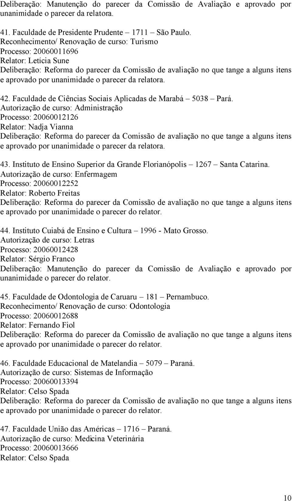 Instituto de Ensino Superior da Grande Florianópolis 1267 Santa Catarina. Autorização de curso: Enfermagem Processo: 20060012252 Relator: Roberto Freitas e aprovado por 44.