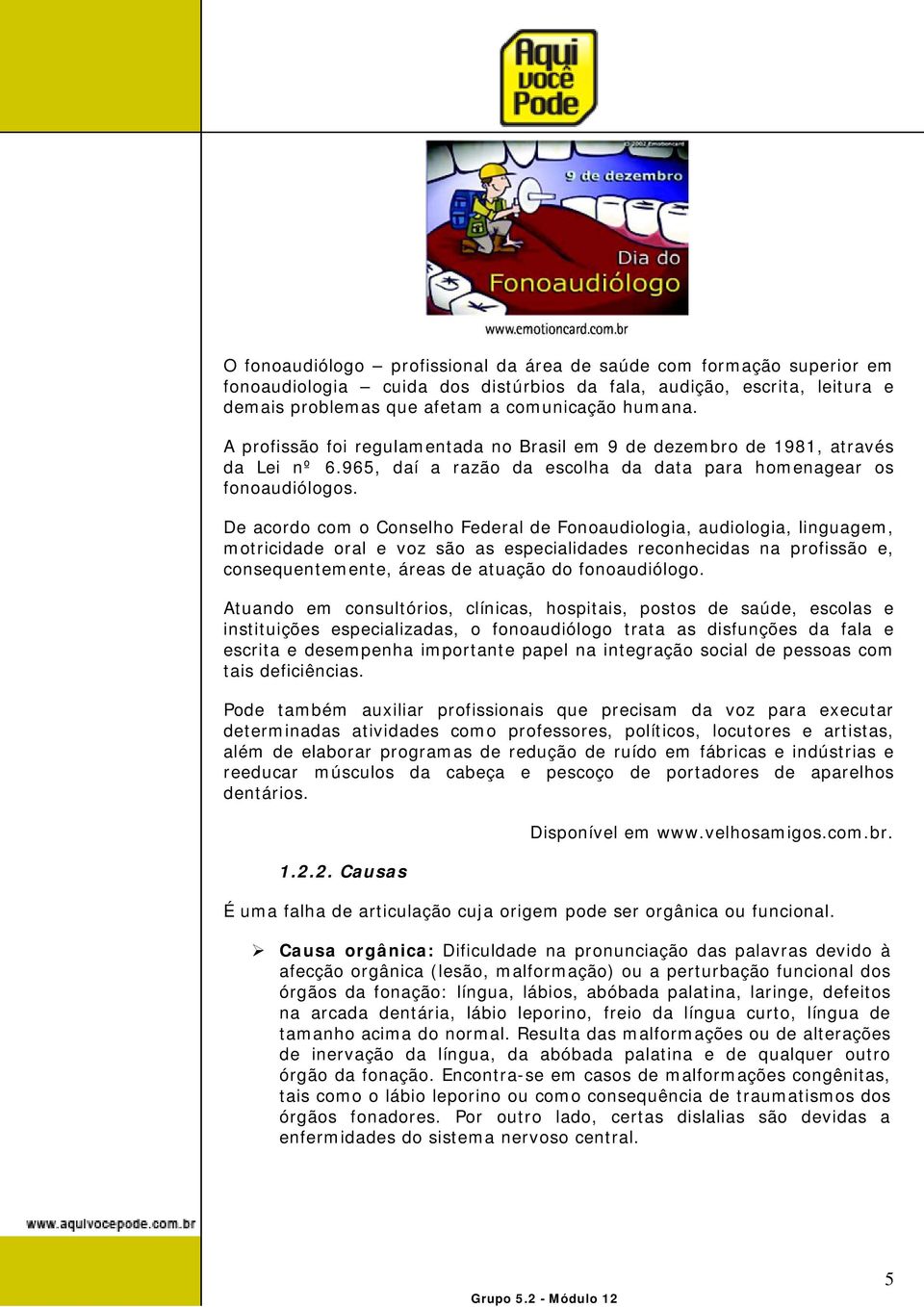 De acordo com o Conselho Federal de Fonoaudiologia, audiologia, linguagem, motricidade oral e voz são as especialidades reconhecidas na profissão e, consequentemente, áreas de atuação do