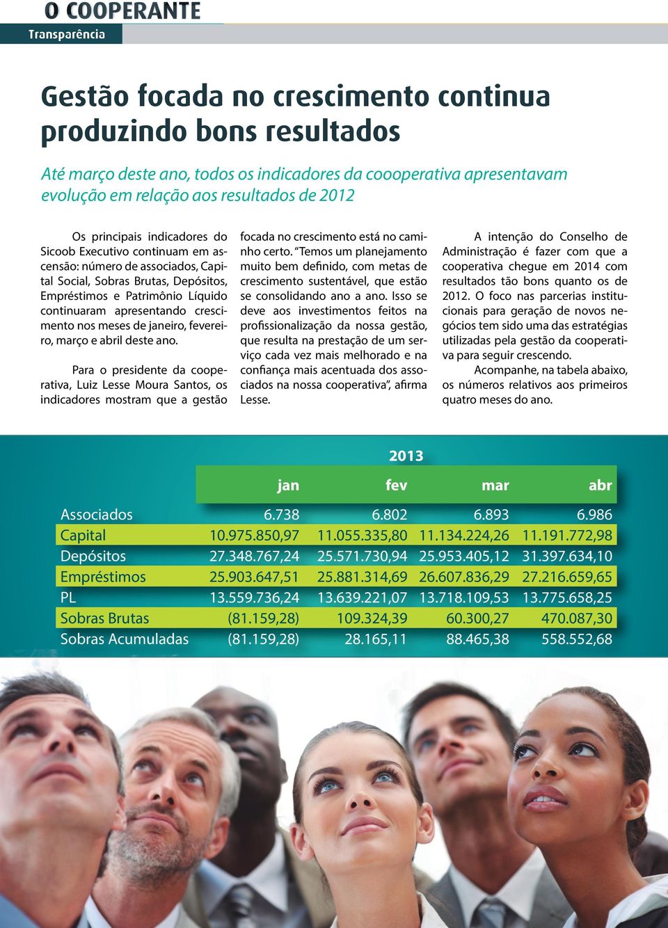 nos meses de janeiro, fevereiro, março e abril deste ano. Para o presidente da cooperativa, Luiz Lesse Moura Santos, os indicadores mostram que a gestão focada no crescimento está no caminho certo.