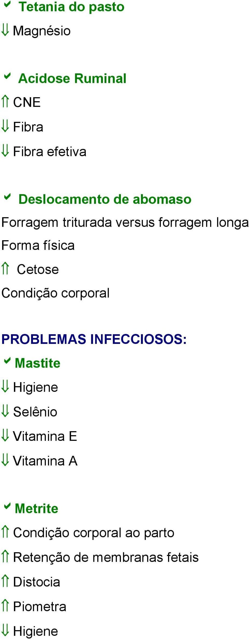 Cetose Condição corporal PROBLEMAS INFECCIOSOS: bmastite Higiene Vitamina E