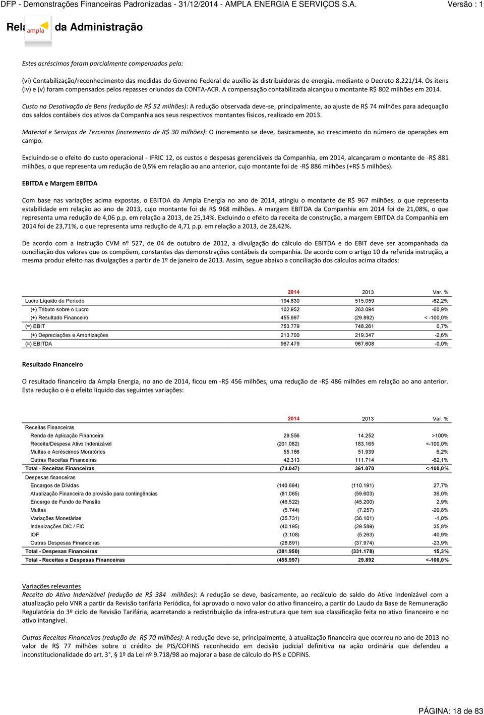 Custo na Desativação de Bens (redução de R$ 52 milhões): A redução observada deve-se, principalmente, ao ajuste de R$ 74 milhões para adequação dos saldos contábeis dos ativos da Companhia aos seus