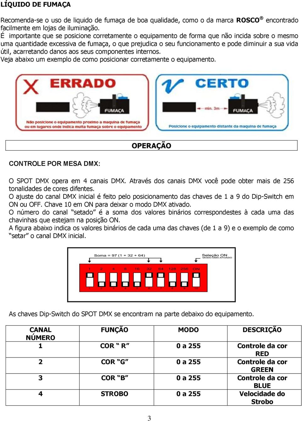 acarretando danos aos seus componentes internos. Veja abaixo um exemplo de como posicionar corretamente o equipamento. CONTROLE POR MESA DMX: OPERAÇÃO O SPOT DMX opera em 4 canais DMX.