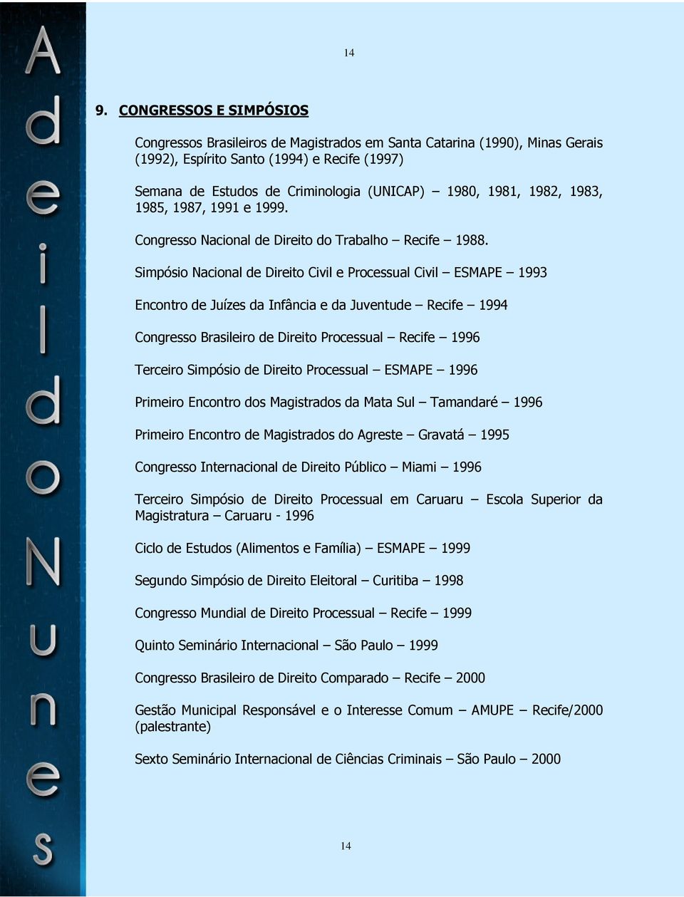 Simpósio Nacional de Direito Civil e Processual Civil ESMAPE 1993 Encontro de Juízes da Infância e da Juventude Recife 1994 Congresso Brasileiro de Direito Processual Recife 1996 Terceiro Simpósio de