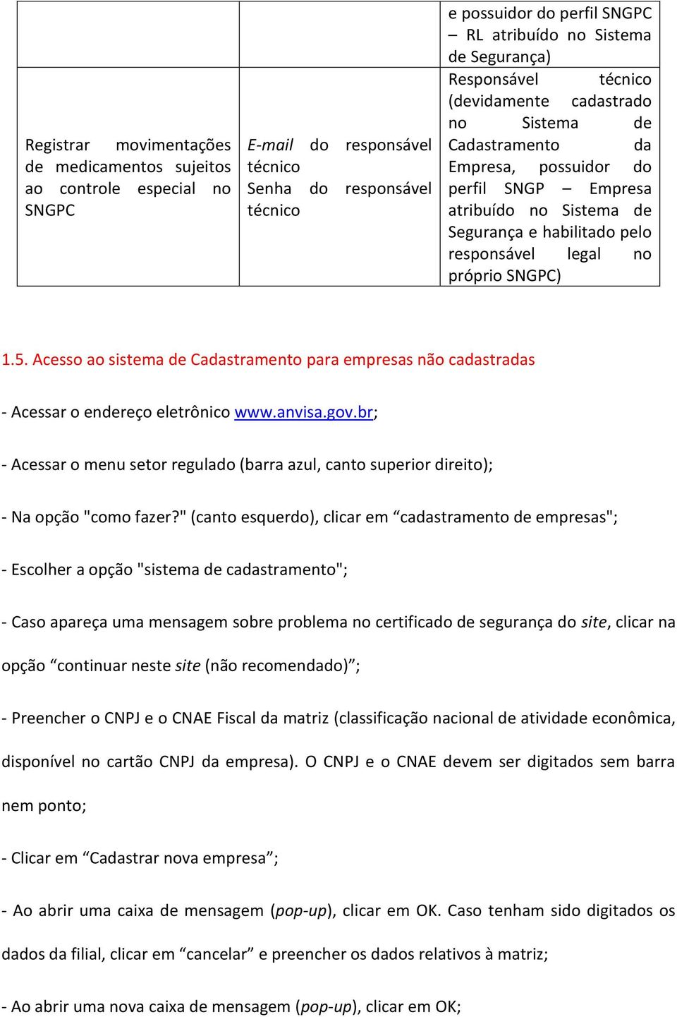 no próprio SNGPC) 1.5. Acesso ao sistema de Cadastramento para empresas não cadastradas - Acessar o endereço eletrônico www.anvisa.gov.