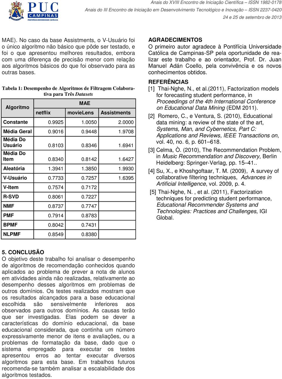 Tabela 1: Desempenho de Algoritmos de Filtragem Colaborativa para Três Datasets Algoritmo MAE netflix movielens Assistments Constante 0.9925 1.0050 2.0000 Média Geral 0.9016 0.9448 1.