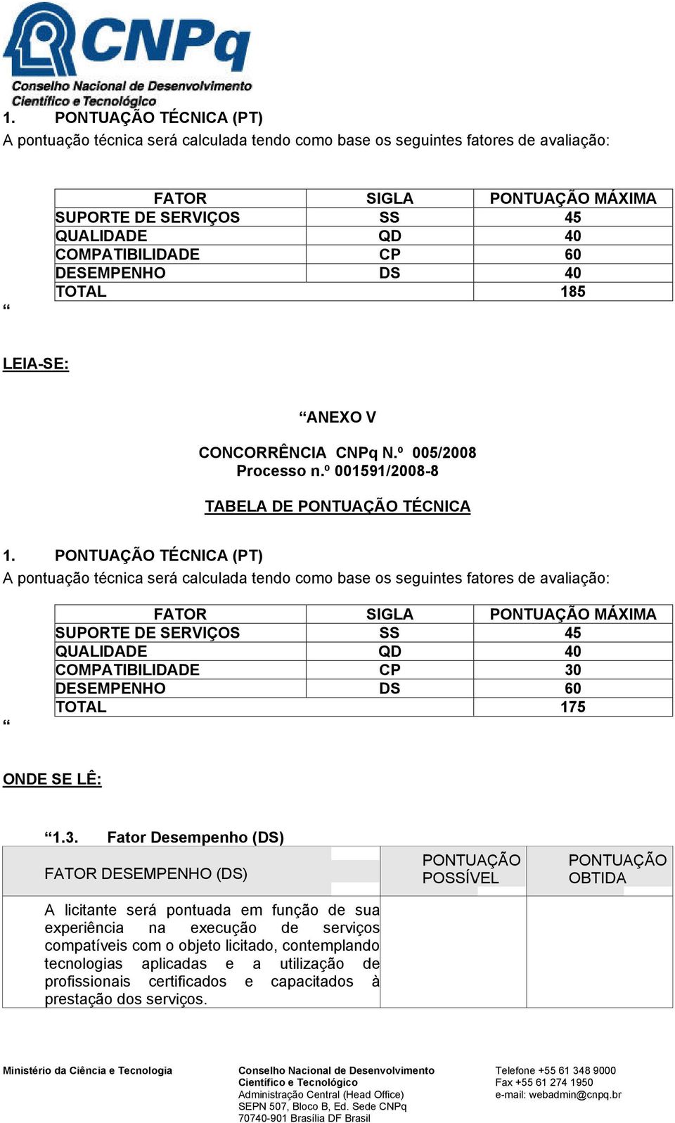 TÉCNICA (PT) A pontuação técnica será calculada tendo como base os seguintes fatores de avaliação: FATOR SIGLA MÁXIMA SUPORTE DE SERVIÇOS SS 5 QUALIDADE QD 0 COMPATIBILIDADE CP 0 DESEMPENHO DS 60