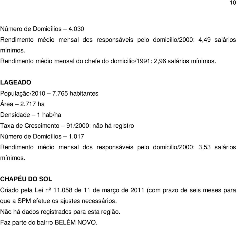 717 ha Densidade 1 hab/ha Taxa de Crescimento 91/2000: não há registro Número de Domicílios 1.