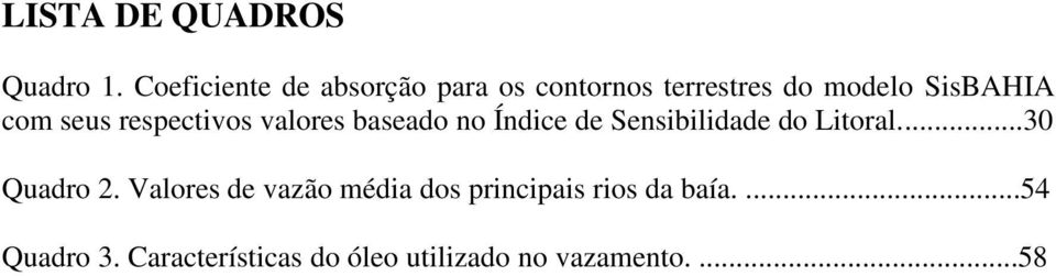 seus respectivos valores baseado no Índice de Sensibilidade do Litoral.