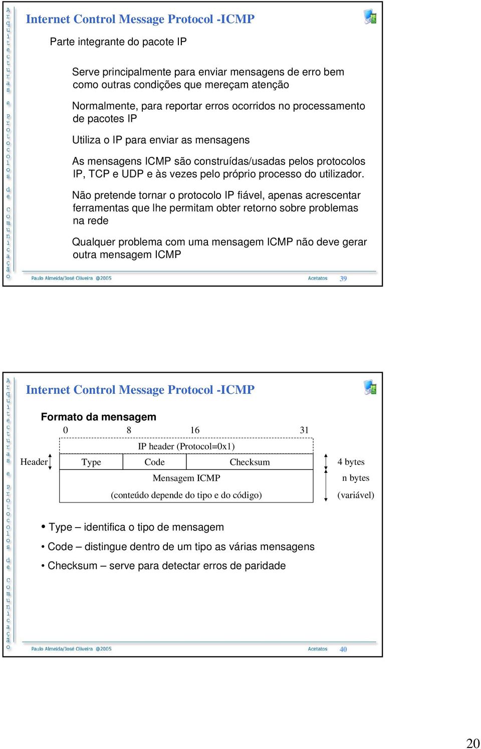 Não pretende tornar o protocolo IP fiável, apenas acrescentar ferramentas que lhe permitam obter retorno sobre problemas na rede Qualquer problema com uma mensagem ICMP não deve gerar outra mensagem