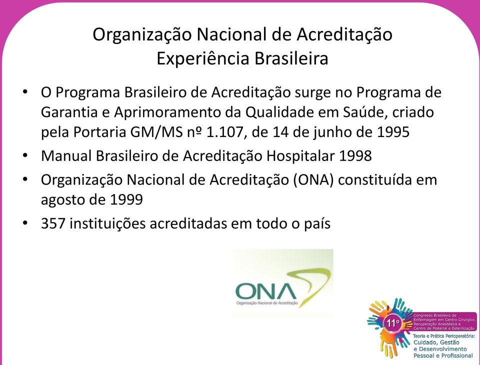 nº 1.107, de 14 de junho de 1995 Manual Brasileiro de Acreditação Hospitalar 1998 Organização