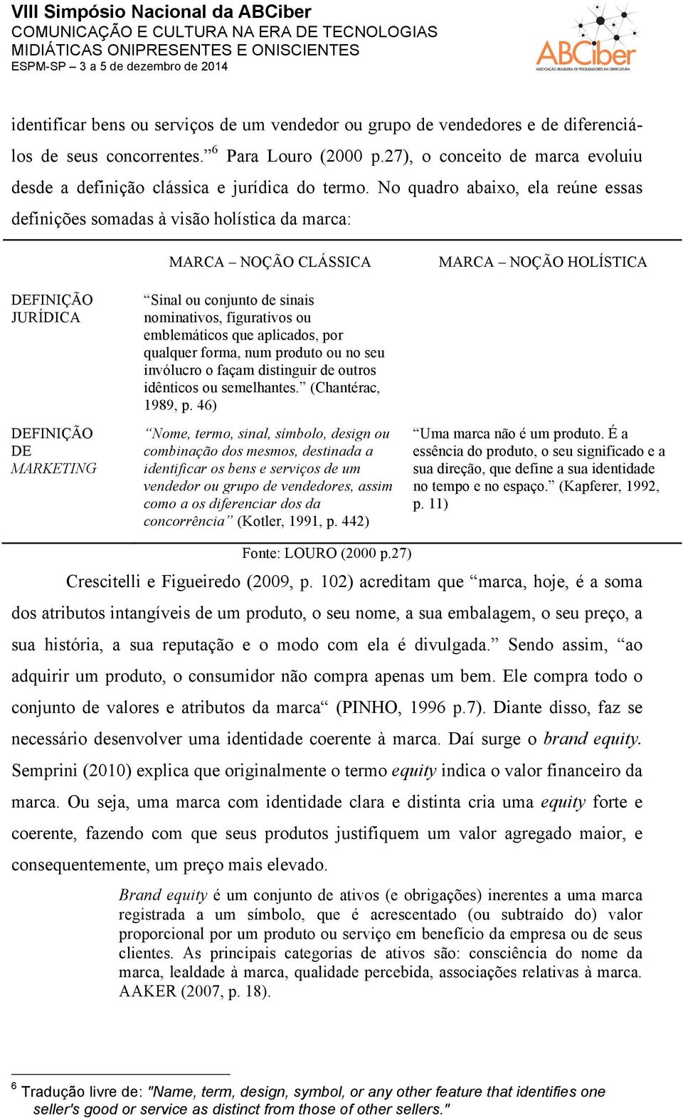 No quadro abaixo, ela reúne essas definições somadas à visão holística da marca: DEFINIÇÃO JURÍDICA DEFINIÇÃO DE MARKETING MARCA NOÇÃO CLÁSSICA Sinal ou conjunto de sinais nominativos, figurativos ou