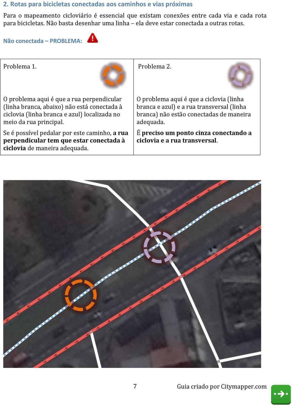 O problema aqui é que a rua perpendicular (linha branca, abaixo) não está conectada à ciclovia (linha branca e azul) localizada no meio da rua principal.