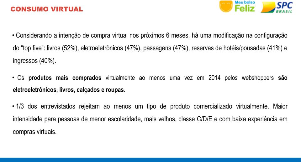 Os produtos mais comprados virtualmente ao menos uma vez em 2014 pelos webshoppers são eletroeletrônicos, livros, calçados e roupas.