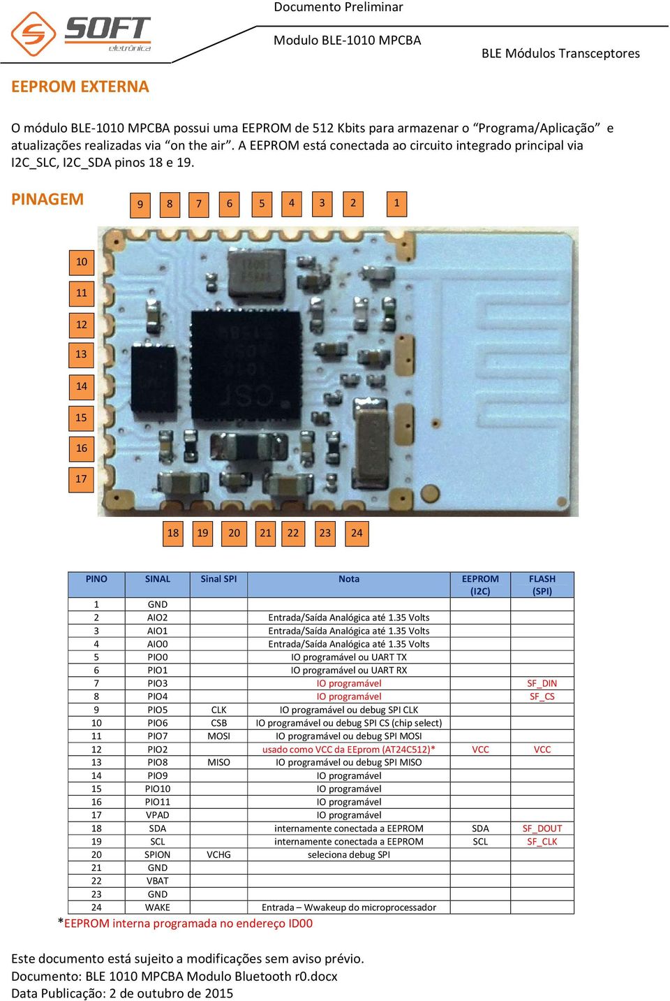 PINAGEM 9 8 7 6 5 4 3 2 1 10 11 12 13 14 15 16 17 18 19 20 21 22 23 24 PINO SINAL Sinal SPI Nota EEPROM (I2C) FLASH (SPI) 1 GND 2 AIO2 Entrada/Saída Analógica até 1.