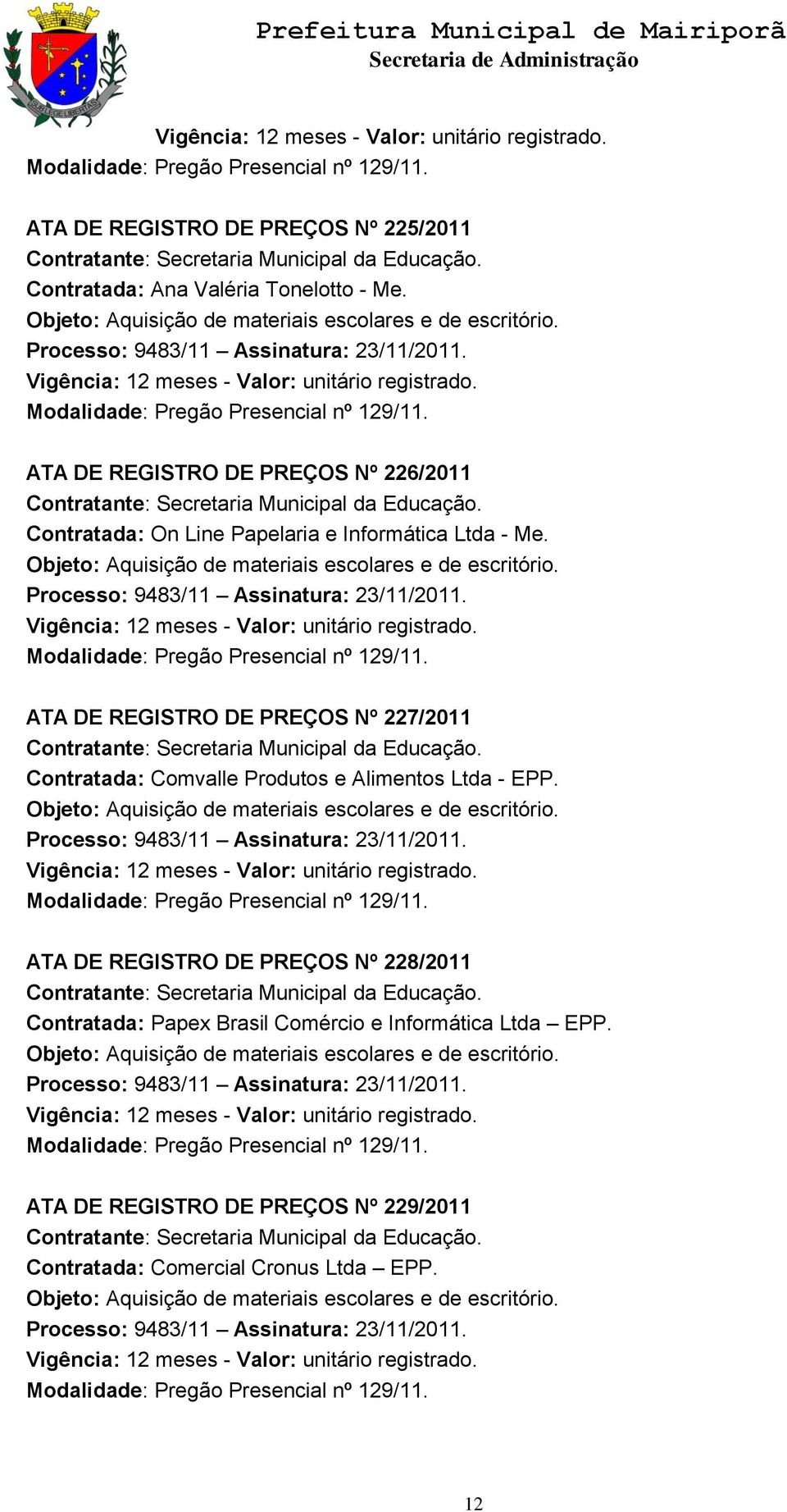 ATA DE REGISTRO DE PREÇOS Nº 227/2011 Contratada: Comvalle Produtos e Alimentos Ltda - EPP.