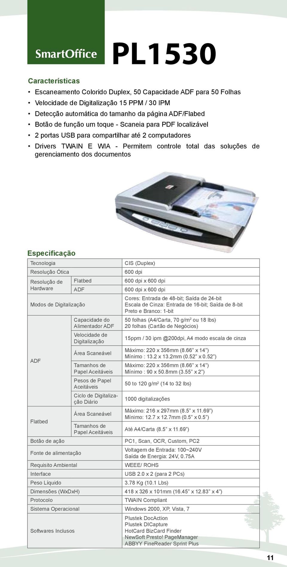 Resolução de Hardware Flatbed ADF Modos de Digitalização ADF Capacidade do Alimentador ADF Velocidade de Digitalização Área Scaneável Tamanhos de Papel Aceitáveis Pesos de Papel Aceitáveis Ciclo de