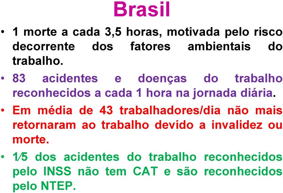 Em média de 43 trabalhadores/dia não mais retornaram ao trabalho devido a invalidez ou morte.