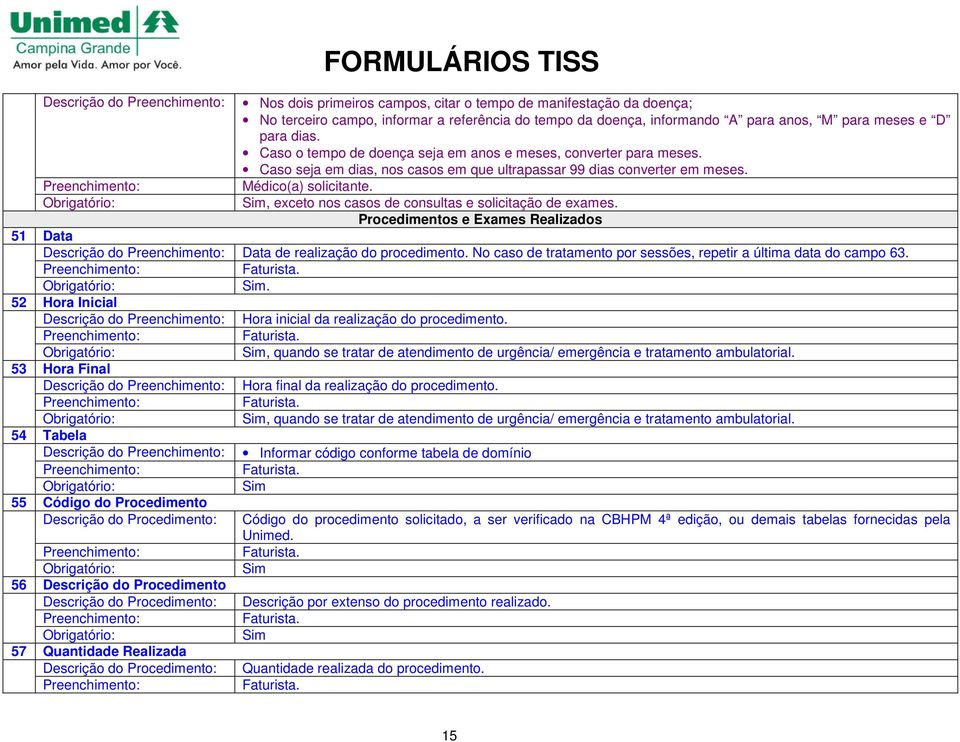 , exceto nos casos de consultas e solicitação de exames. Procedimentos e Exames Realizados 51 Data Descrição do Data de realização do procedimento.