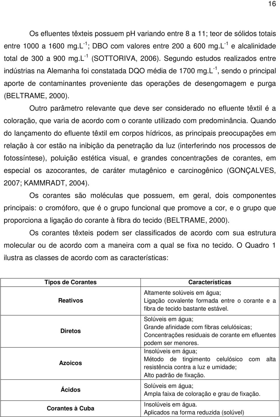 l -1, sendo o principal aporte de contaminantes proveniente das operações de desengomagem e purga (BELTRAME, 2000).