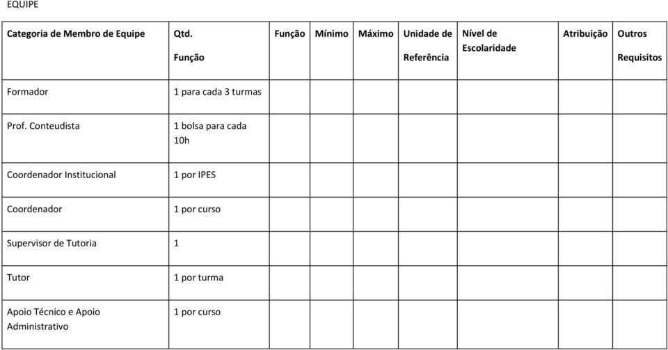 Requisitos Formador 1 para cada 3 turmas Prof.