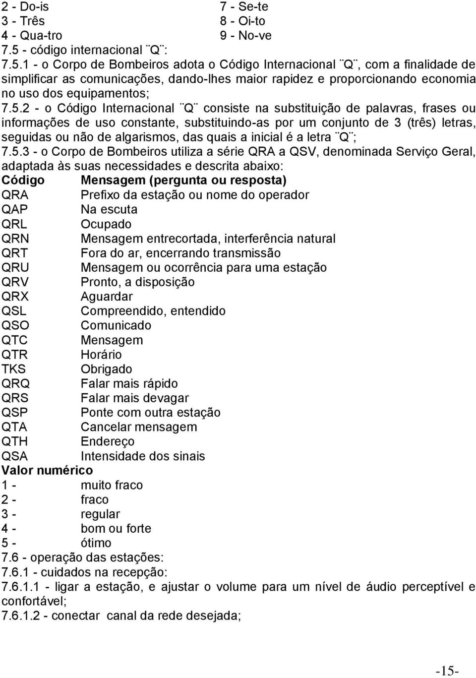 1 - o Corpo de Bombeiros adota o Código Internacional Q, com a finalidade de simplificar as comunicações, dando-lhes maior rapidez e proporcionando economia no uso dos equipamentos; 7.5.