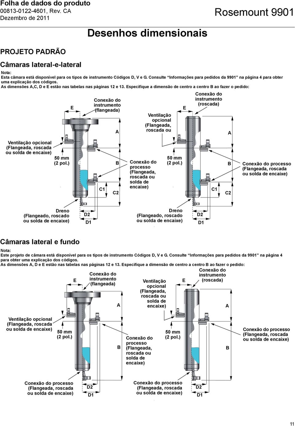 Especifique a dimensão de centro a centro ao fazer o pedido: E (flangeada) A Ventilação opcional (Flangeada, roscada ou E (roscada) A Ventilação opcional (Flangeada, roscada ou solda de encaixe) 50