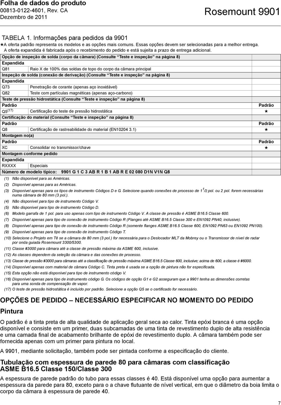 Opção de inspeção de solda (corpo da câmara) (Consulte Teste e inspeção na página 8) Q81 Raio X de 100% das soldas de topo do corpo da câmara principal Inspeção de solda (conexão de derivação)