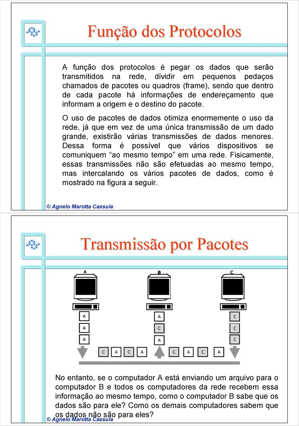 O uso de pacotes de dados otimiza enormemente o uso da rede, já que em vez de uma única transmissão de um dado grande, existirão várias transmissões de dados menores.