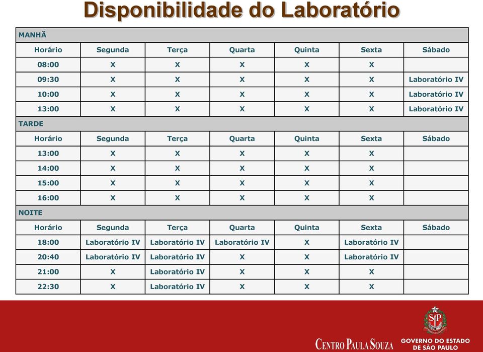 14:00 X X X X X 15:00 X X X X X 16:00 X X X X X NOITE Horário Segunda Terça Quarta Quinta Sexta Sábado 18:00 Laboratório IV Laboratório