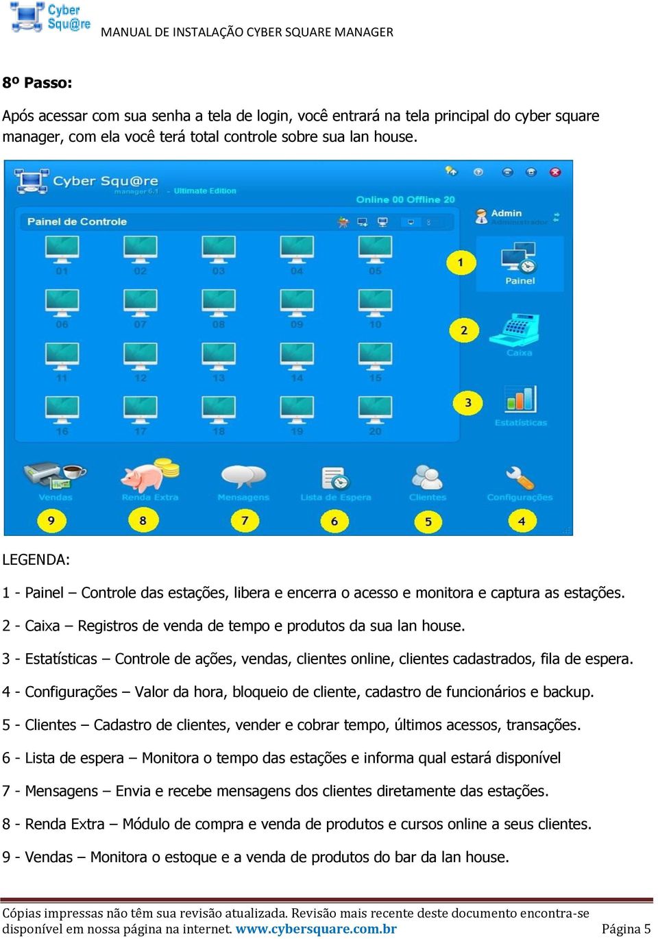 3 - Estatísticas Controle de ações, vendas, clientes online, clientes cadastrados, fila de espera. 4 - Configurações Valor da hora, bloqueio de cliente, cadastro de funcionários e backup.